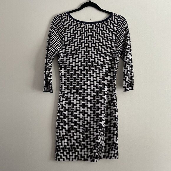Boden Women 6R Navy Blue/Ivory Criss-Cross Pattern 3/4 Sleeve Knit Sheath Dress - Picture 7 of 9